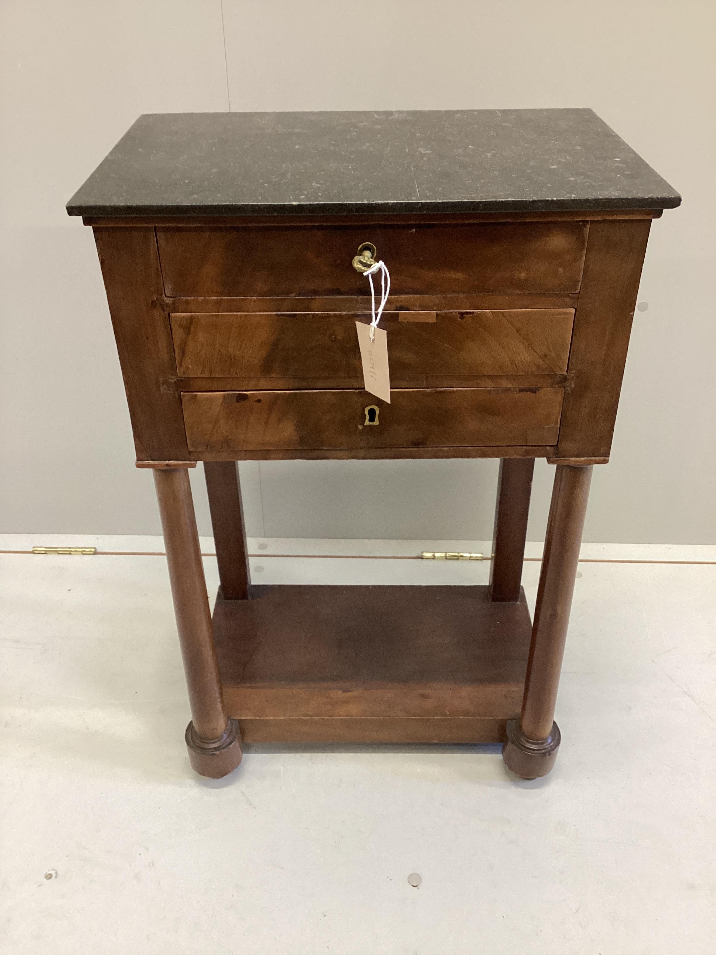 A 19th century French marble topped three drawer work table, width 49cm, depth 32cm, height 77cm